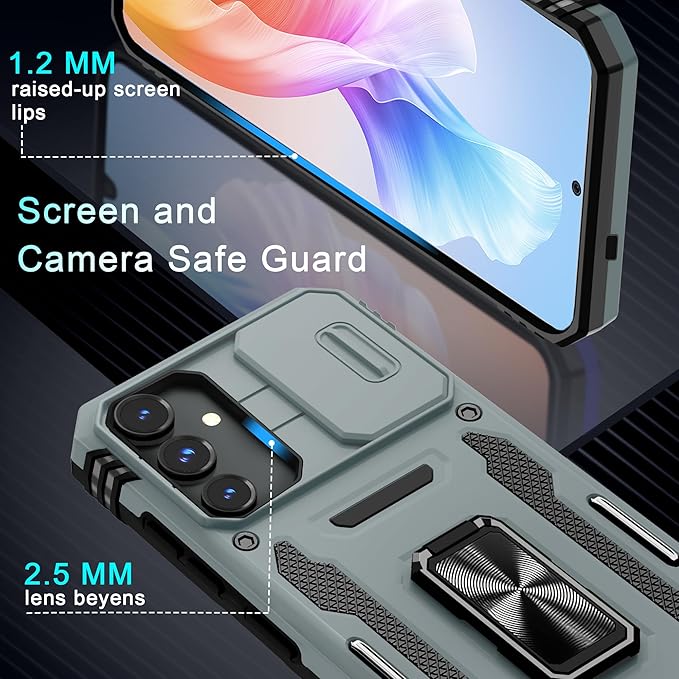DEERLAMN Case for Samsung Galaxy S24+ Plus with Slide Camera Cover+Screen Protector (1 Pack), Rotated Ring Kickstand Military Grade Shockproof Protective Cover-Grey
