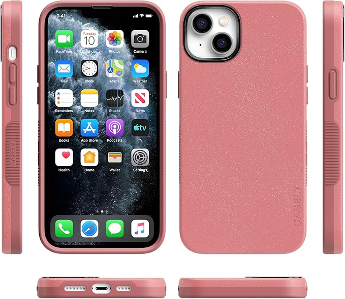 Casely iPhone 14 Case | Starfish Wishes | Coral Pink Shimmer Glitter | Bold Protective Design | Compatible with MagSafe