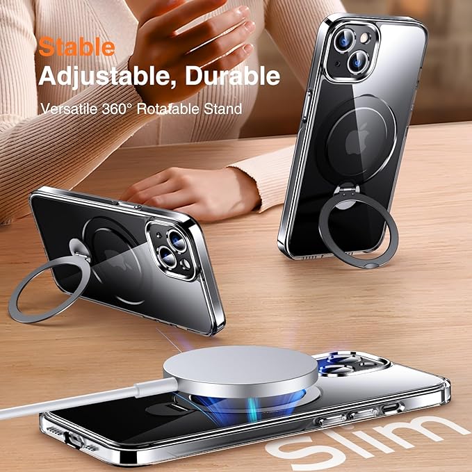 360° O-Ring MagStander for iPhone 13 Case, iPhone 14 Case with Magnetic Stand Ring Holder [Compatible with MagSafe][15FT Military Shockproof] Kickstand iPhone 13/14 Phone Cover Clear