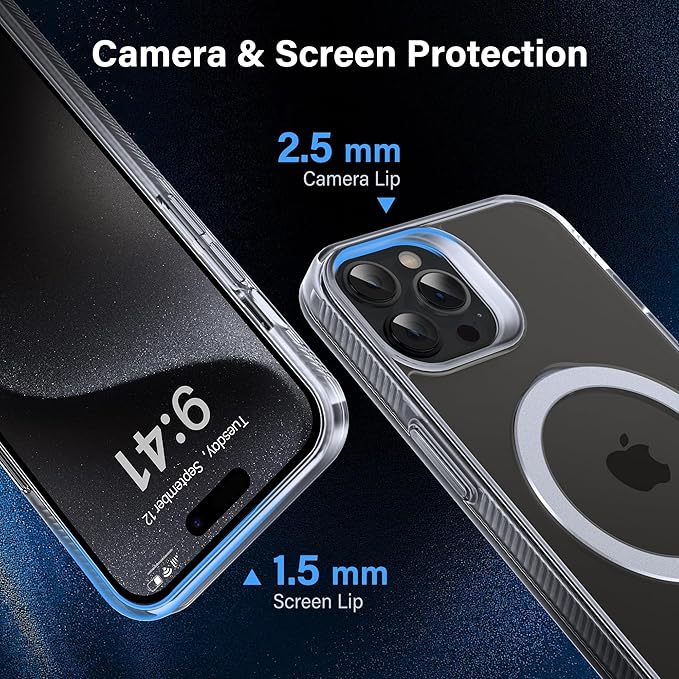 Magnetic Case for iPhone 15 Pro Max - [Built-in Invisible Stand] [Compatible with MagSafe] [Military Grade Drop Protection] Anti-Yellowing Hard Back Silicone Edge Cover, 6.7", Clear