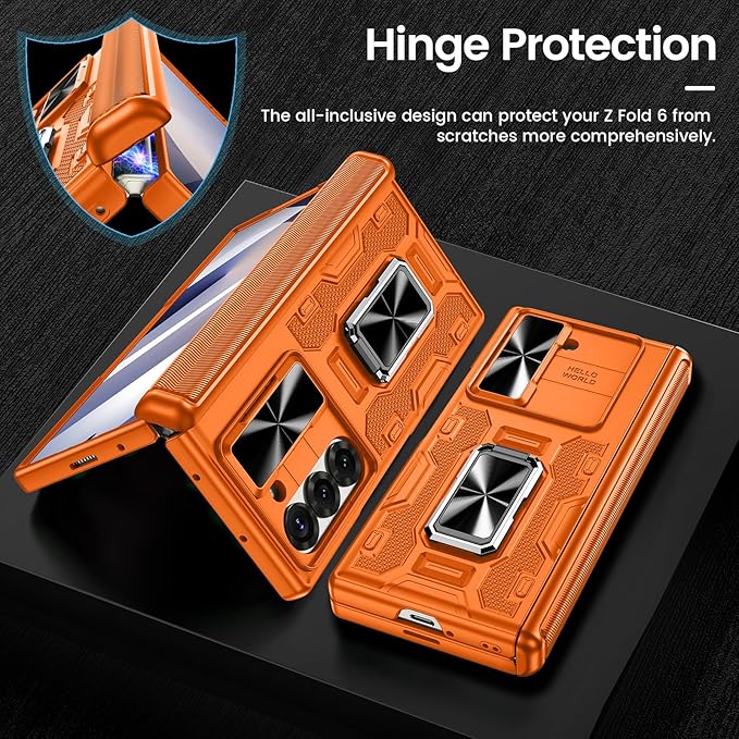 VEGO for Galaxy Z Fold 6 Case with Stand, 360°Ring Magnetic Kickstand & Hinge Protection & Front Screen Protector & Camera Cover & Belt Clip Holster Case for Samsung Galaxy Z Fold 6 5G - Orange