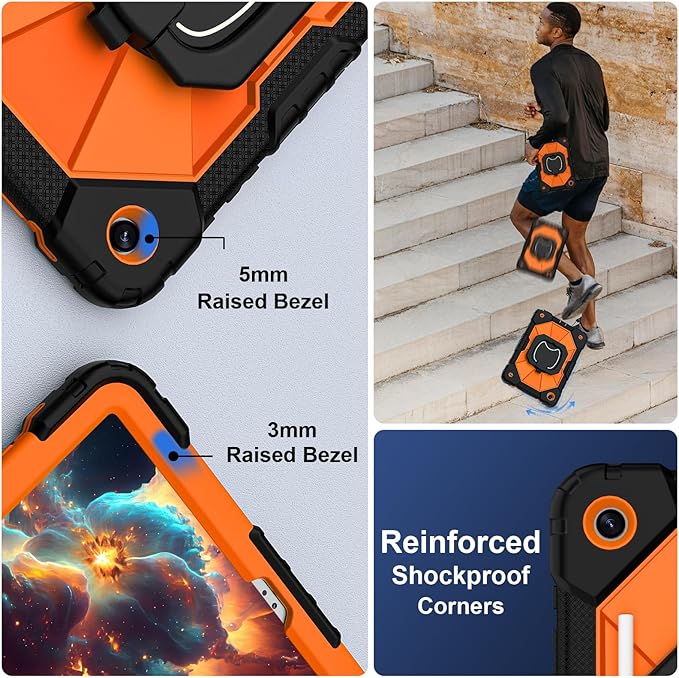for Galaxy Tab A9 Plus Case 11 Inch, Rugged Case for Samsung Galaxy A9+ Tablet with Screen Protector 360 Rotating Stand Shoulder Strap Pen Holder, 2023 Model(SM-X210/X216/218), Black Orange
