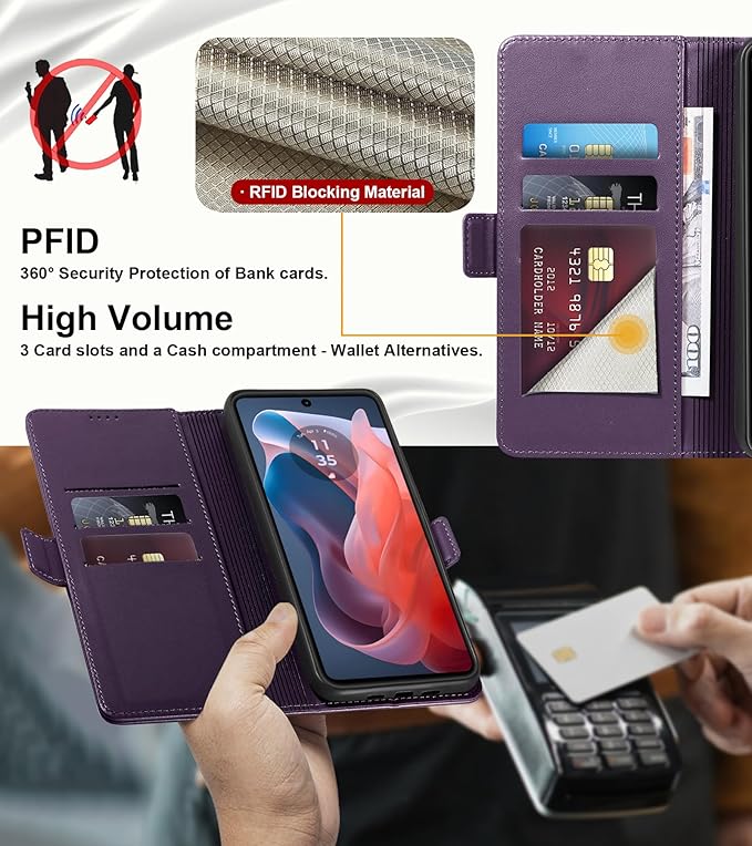 Wallet Flip Case for Moto G Play (2024) - [RFID Blocking] Luxury PU Leather Card Holder Magnetic Phone Cover with Kickstand,Shockproof Protective Case,Purple