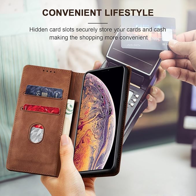 Jasonyu Flip Wallet Case for iPhone Xs Max,Leather Magnetic Folio Cover with Card Holder,Kickstand - TPU Shockproof Durable Protective Phone Case,Brown