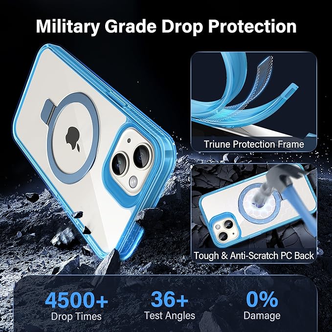 Magnetic Case for iPhone 14 Plus - [Built-in Invisible Stand] [Compatible with MagSafe] [Military Grade Drop Protection] Anti-Yellowing Hard Back Silicone Edge Cover, 6.7", Clear Blue