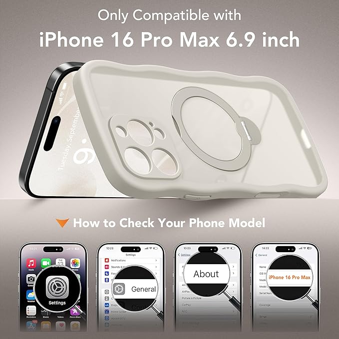 GolbinBox for iPhone 16 Pro Max Case for Women,[Compatible with Magsafe][360° Spin Magnetic Stand][Cute Wave Edge][Military-Grade Protection] Translucent Matte Phone Case for iPhone 16 ProMax, Stone