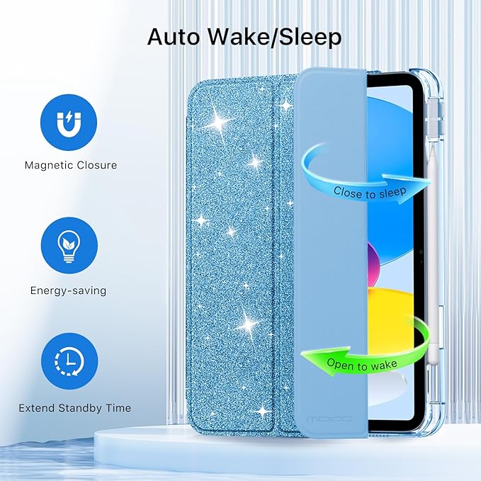 MoKo for iPad (A16) 11th Generation Case 11 Inch 2025, iPad 10th Generation Case 10.9 Inch 2022 with Pencil Holder, Slim Light Trifold Protective Cover with Hard PC Translucent Back Shell,Glitter Blue