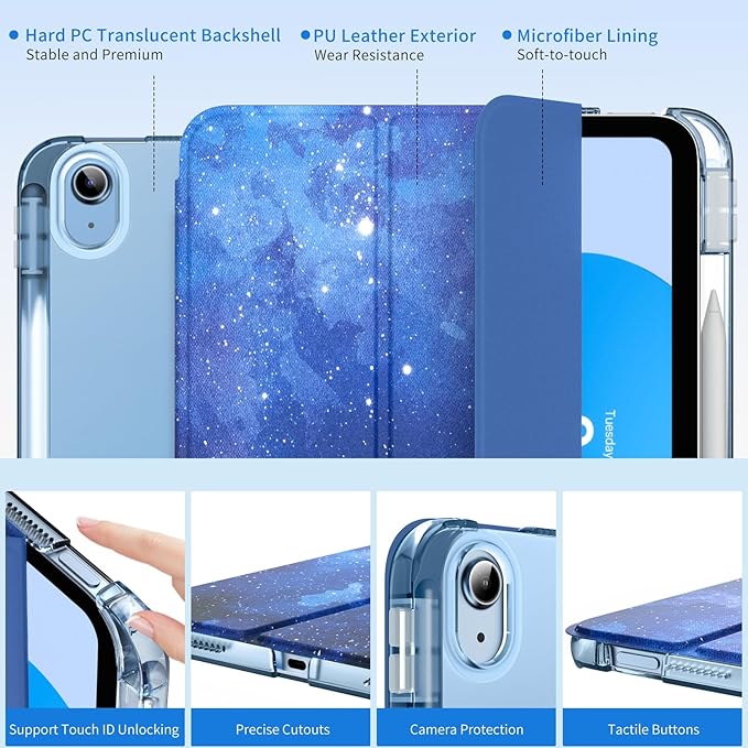 MoKo for iPad (A16) 11th Generation Case 11 Inch 2025, iPad 10th Generation Case 10.9 Inch 2022 with Pencil Holder, Slim Light Trifold Protective Cover with Hard PC Translucent Back Shell, Starry Sky