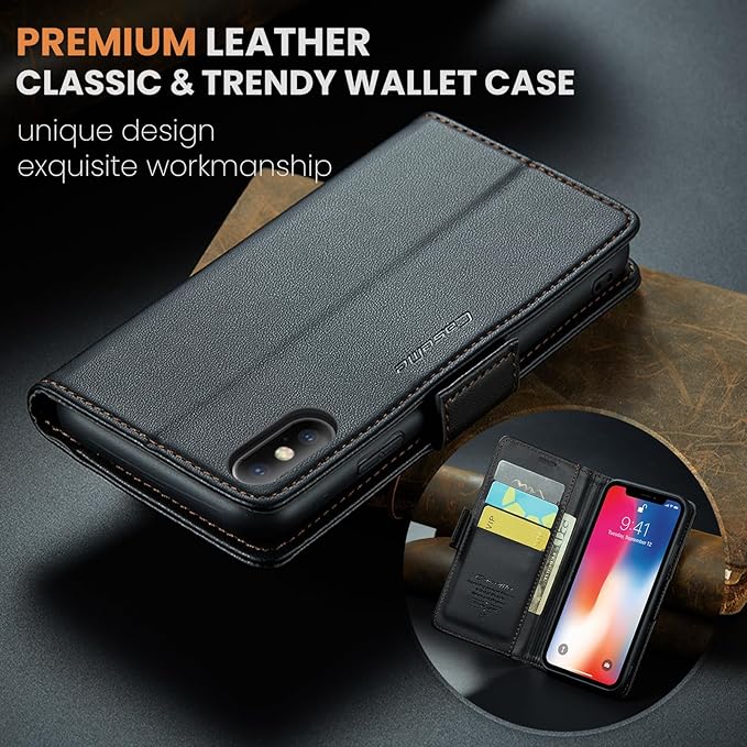 for iPhone Xs Max Case, Premium PU Leather Wallet Case Flip Cover with [RFID Blocking][Card Holder][Stand Function] Shockproof Protective for iPhone Xs Max 6.5", Black