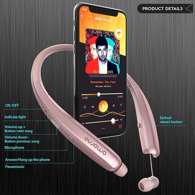 AMORNO Foldable Bluetooth Headphones, Wireless Neckband Sports Headset with Retractable Earbuds, Sweatproof Noise Cancelling Stereo Earphones with Mic