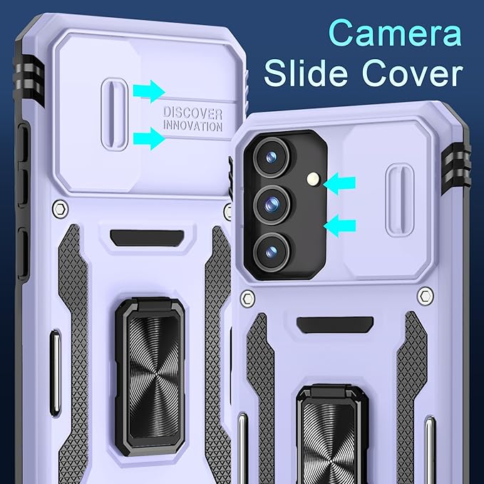 DEERLAMN Case for Samsung Galaxy S24+ Plus with Slide Camera Cover+Screen Protector (1 Pack), Rotated Ring Kickstand Military Grade Shockproof Protective Cover-Light Purple