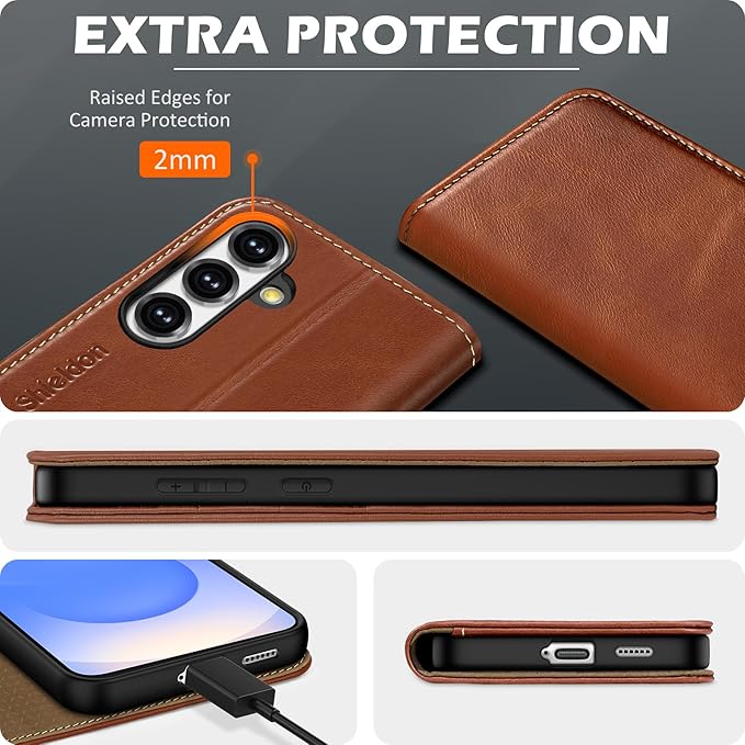 SHIELDON Wallet Case for Galaxy S25 FE 2025 5G, Genuine Leather RFID Blocking Credit Card Holder Kickstand Magnetic Folio Full Protection Cover Compatible with Galaxy S25 FE 6.7" - Retro Brown