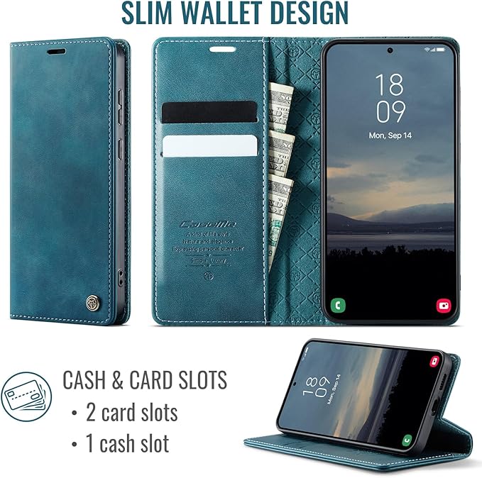 Wallet Case for Samsung Galaxy S23 FE Leather Wallet Flip Cover with Card Holder, Kickstand, Magnetic Closure, RFID Blocking TPU Shockproof Phone Case Compatible with S23FE, Blue-Green