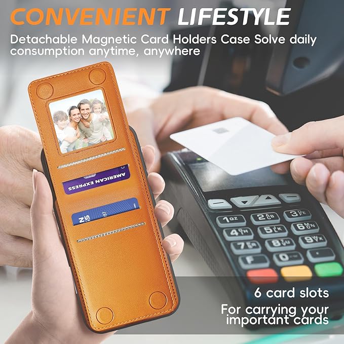 for iPhone 16 Leather Wallet Case, Compatible with Magsafe, 2 in 1 Detachable Magnetic Card Holder, RFID Blocking Kickstand Credit Slots Flip Case for Men Women, Brown