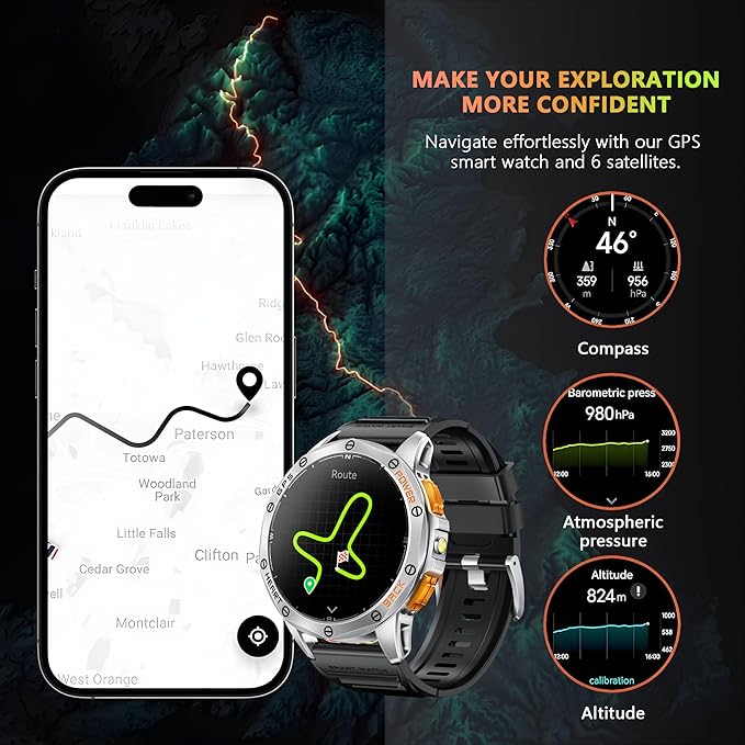 Military Smart Watch for Men & Women, 1.43" AMOLED Smartwatch with 100+ Sport Modes,Heart Rate Monitor, Compass, Flashlight, GPS, Compatible iOS & Android (Silver)