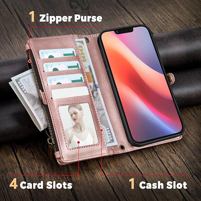 for iPhone 16e Wallet Phone Case with 7 Card Holder,RFID Blocking | PU Leather | Kickstand | Flip | Wrist Strap&Shoulder Strap | Shockproof | Zipper Wallet | Women Men | 6.1" | Rose Gold
