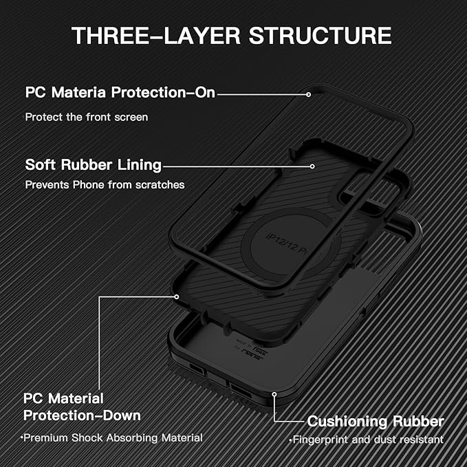 for iPhone 12 Case,iPhone 12 Pro Case [Compatible with MagSafe] Shockproof 3-Layer Full Body Protection Rugged Heavy Duty Cover for Apple iPhone 12/12 Pro 6.1",Black