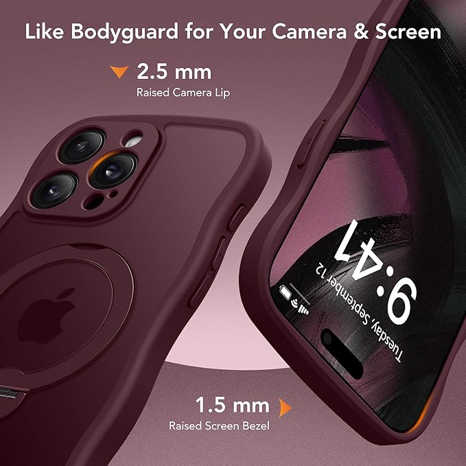 GolbinBox for iPhone 15 Pro Case,[Compatible with Magsafe][360°Magnetic Stand][Cute Wave Edge][18ft Military-Grade Protection] Translucent Matte Phone Women Case for iPhone 15 Pro, Wine Red