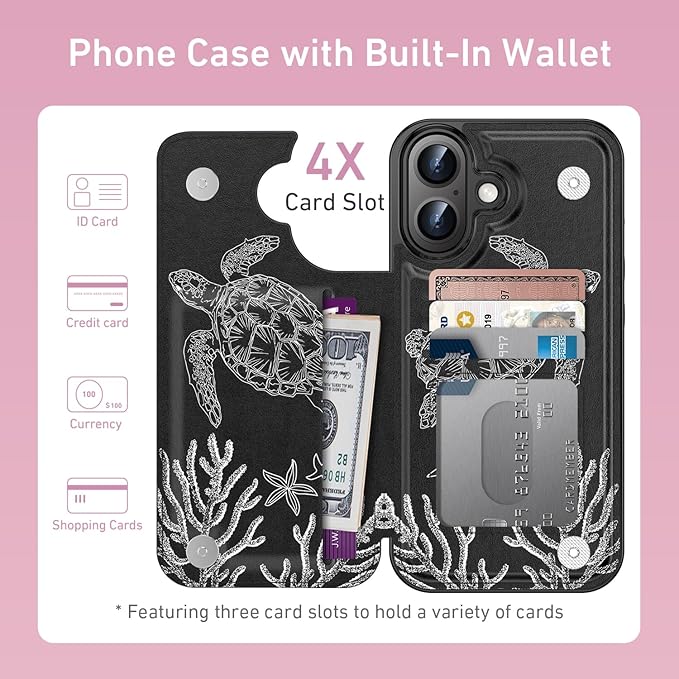 FUNMIKO for iPhone 16 Plus Wallet Case with Card Holder, RFID-Blocking, Military-Grade Protection & UV-Printed Artwork, Magnetic Closure with Leather Kickstand - Swimming Sea Turtle