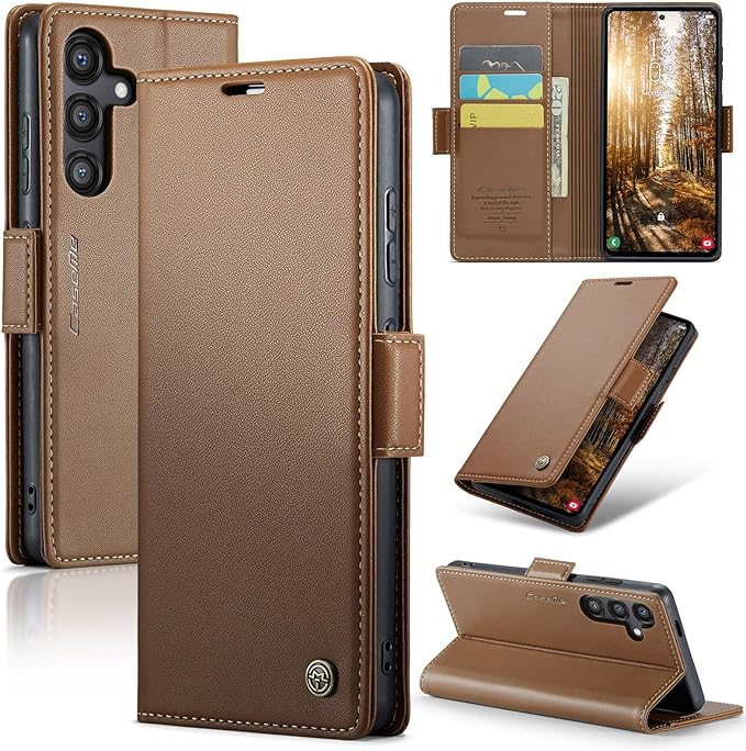 AUPAI for Samsung Galaxy S25 Wallet Case with Credit Card Holder, PU Leather RFID Blocking Folio Flip Kickstand Magnetic Clasp Protective Phone case for Women Men Brown