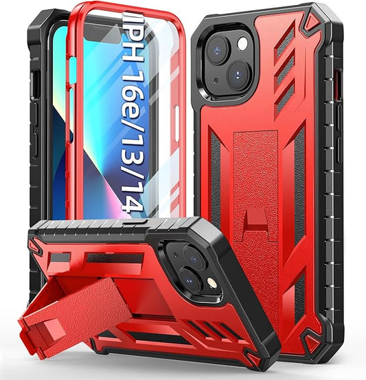 for iPhone 13/14 Protective Case: for iPhone 16e Cover with Built-in Kickstand | Heavy Duty Military Grade Hard Protection Shock Proof | Durable Dual-Layer Design Red