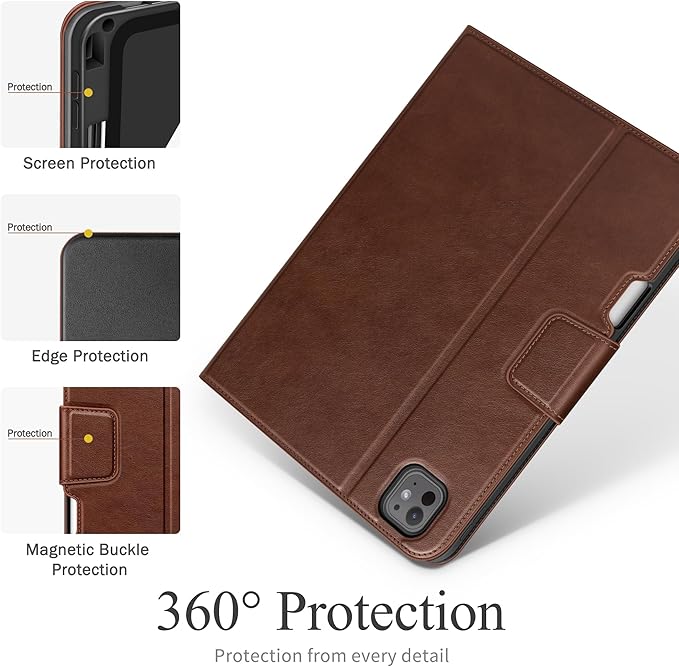 auaua Case for iPad Pro 11 Inch (M4) 2024 5th Gen (Model: A2836/A2837/A3006), with Pencil Holder and Pocket, Multiple Angles Viewing, Magnetic Closure, Auto Sleep/Wake (Brown)