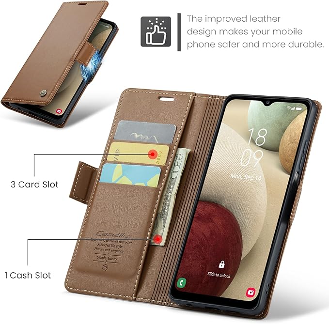 for Samsung Galaxy A12 5G Case, Premium PU Leather Wallet Case Flip Cover with [RFID Blocking][Card Holder][Stand Function] Shockproof Protective for Samsung Galaxy A12, Brown
