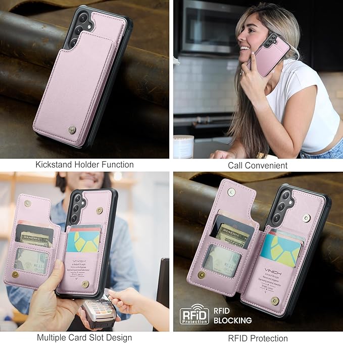 Vinich for Samsung Galaxy S25 Plus Wallet Case with Card Holder, RFID Blocking Credit Slots Kickstand Shockproof Phone Cover for Women Men, Pink