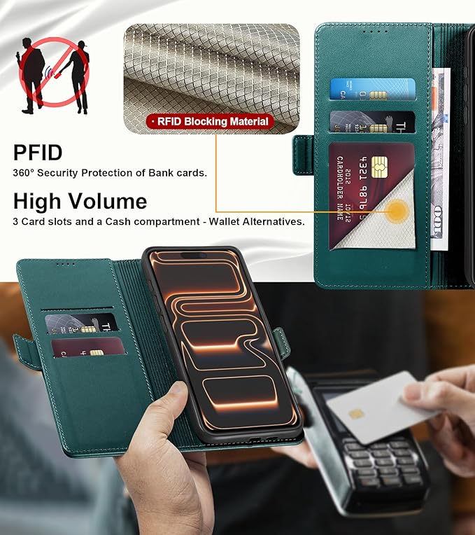 Wallet Flip Case for iPhone 17 Pro Max 5G - [RFID Blocking] Luxury PU Leather Card Holder Magnetic Phone Cover with Kickstand,Shockproof Protective Case,Green