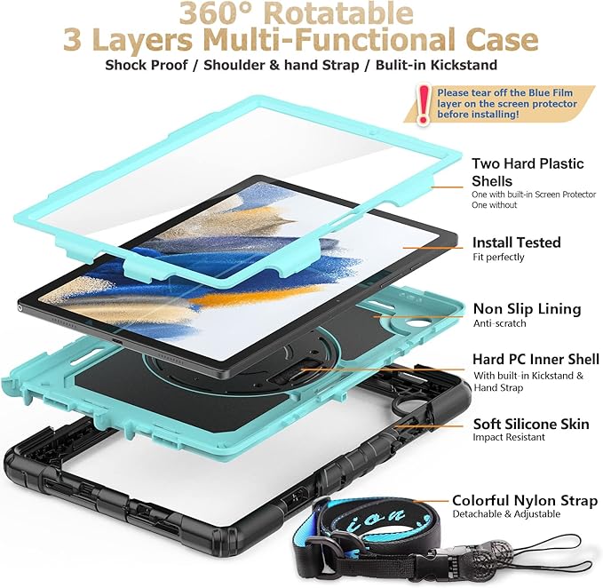 SEYMAC stock Case for Samsung Galaxy Tab A8 10.5'', Full-Body Drop Protection Case with Screen Protector Pencil Holder [360° Rotating Hand Strap] &Stand, SkyBlue+Black