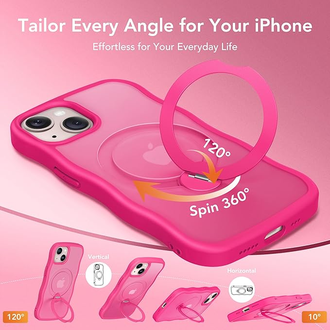 for iPhone 13 Case & iPhone 14 Case for Women,[Compatible with Magsafe][360° Spin Magnetic Stand][Cute Wave Edge][Military-Grade Protection] Translucent Matte Phone case for iPhone 13/14, Hot Pink