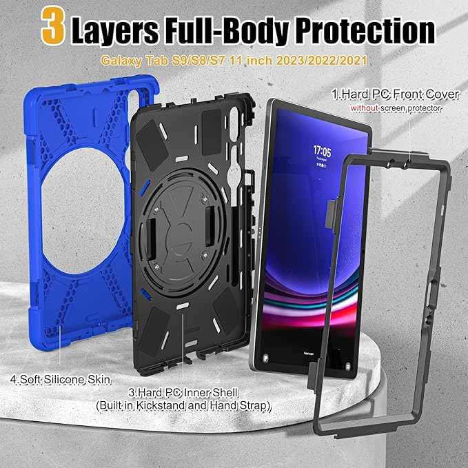 BRAECNstock for Samsung Galaxy Tab S10 Lite/ S10 FE/ S9 FE/ S9/ S8/ S7 5G Case 10.9"/ 11", Shockproof Protective Kids Case with Pencil Holder, Rotating Hand Strap & Stand, Shoulder Strap, Blue