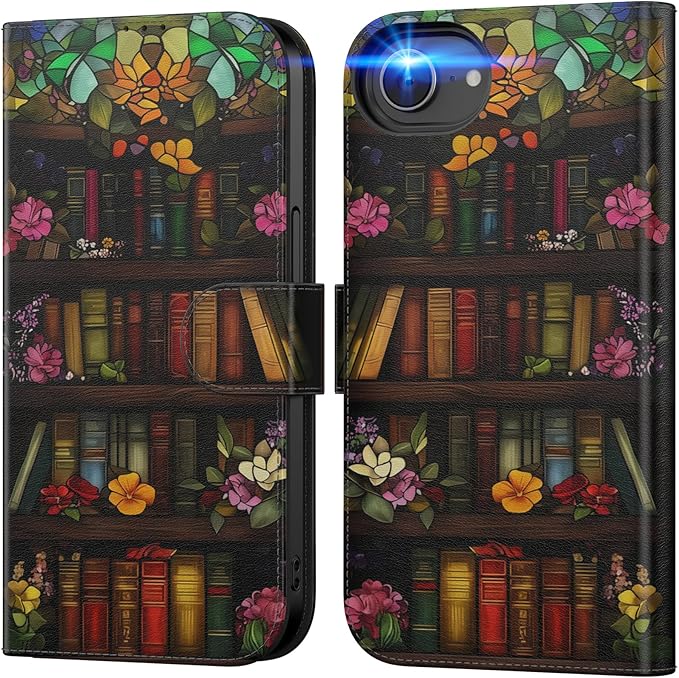 DEENAKIN for iPhone 16e Wallet Case with Card Holder + Cash Clip, RFID-Blocking, Military-Grade Drop Protection, Magnetic Closure with Leather Kickstand - Bookshelf Flowers