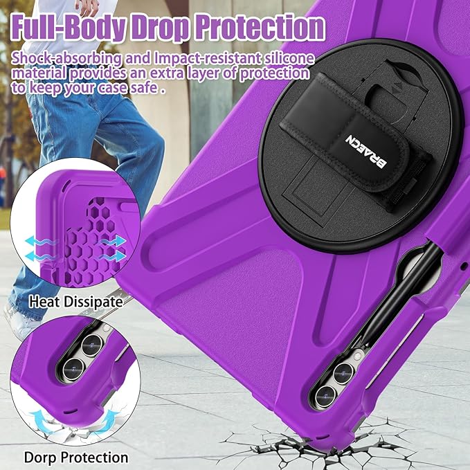 BRAECNstock for Samsung Galaxy Tab S10+ Plus/ S9 FE+ Plus/ S9+ Plus/ S8+ Plus/ S7 FE/ S7+ Plus 5G Tablet Case 12.4" Shockproof Protective Kids Case with Pen Holder Rotating Hand Strap & Stand - Purple