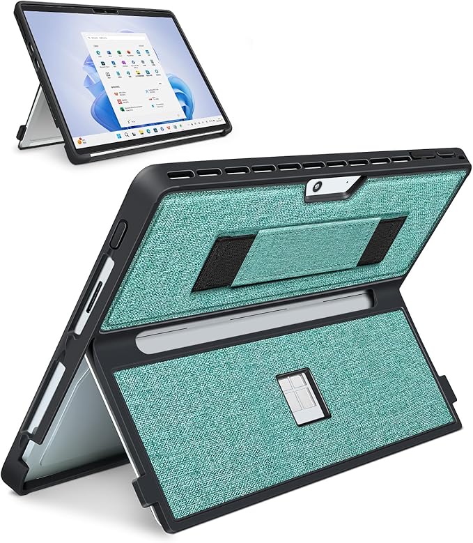 Case fit Microsoft Surface Pro 11/10/9/8 13-Inch, with Stent Cover, Hand Strap, All-in-one Rugged Case Compatible with Type Cover Keyboards, Cyan