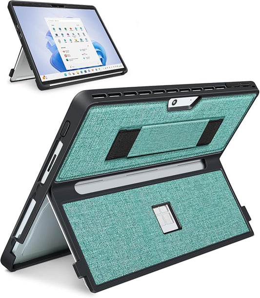 Case fit Microsoft Surface Pro 11/10/9/8 13-Inch, with Stent Cover, Hand Strap, All-in-one Rugged Case Compatible with Type Cover Keyboards, Cyan