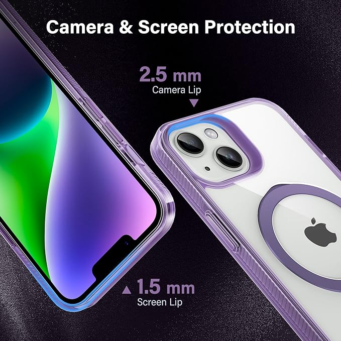Magnetic Case for iPhone 14 Plus - [Built-in Invisible Stand] [Compatible with MagSafe] [Military Grade Drop Protection] Anti-Yellowing Hard Back Silicone Edge Cover, 6.7", Clear Purple