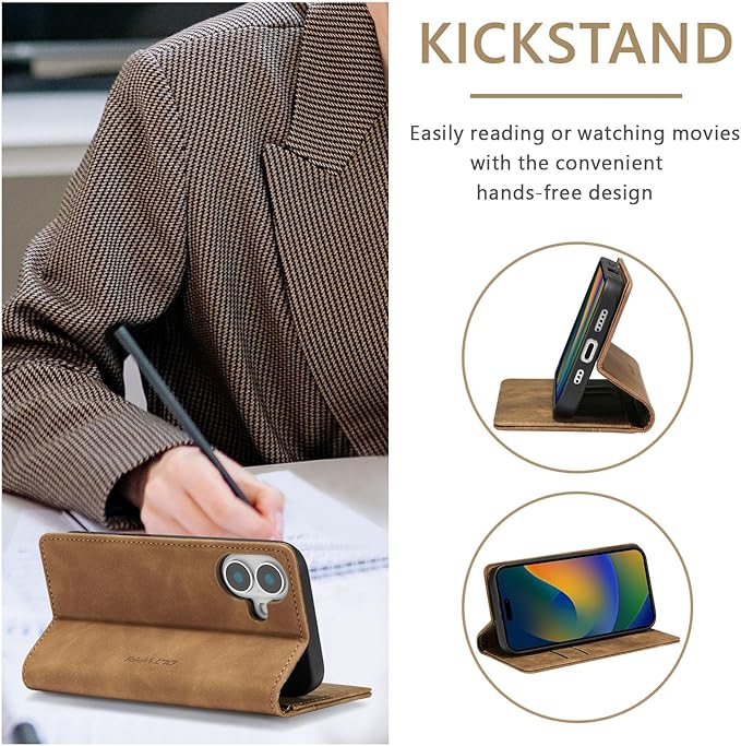 QLTYPRI for iPhone 16 Case Wallet with Card Holder, Vintage PU Leather Kickstand Magnetic Closure Shockproof Folio Book Cover Case for iPhone 16 - Retro Brown