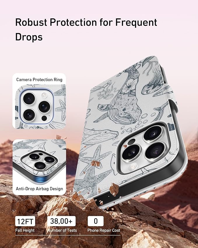 DEENAKIN for iPhone 15 Pro Max Wallet Case with Card Holder + Cash Clip, RFID-Blocking, Military-Grade Drop Protection, Magnetic Closure with Leather Kickstand - Dynamic Marine Life