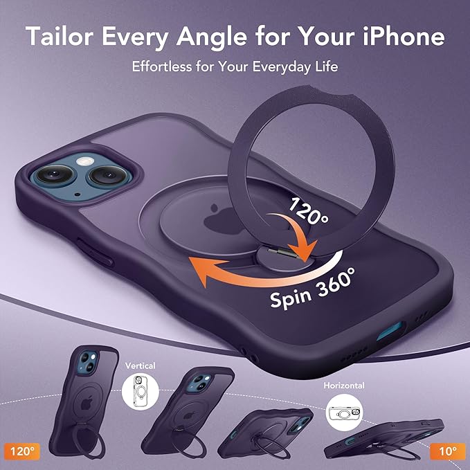 for iPhone 13 Case & iPhone 14 Case for Women,[Compatible with Magsafe][360° Spin Magnetic Stand][Cute Wave Edge][Military-Grade Protection]Translucent Matte Phone case for iPhone 13/14, Dark Purple