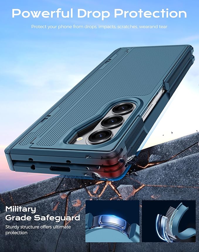 for Galaxy Z Fold 4 Case, S Pen Holder & Privacy Screen Protector & Kickstand & Hinge Protection, Slim Rugged Military-Grade Shockproof Protective Phone Case for Samsung Fold 4 (Lake Blue)