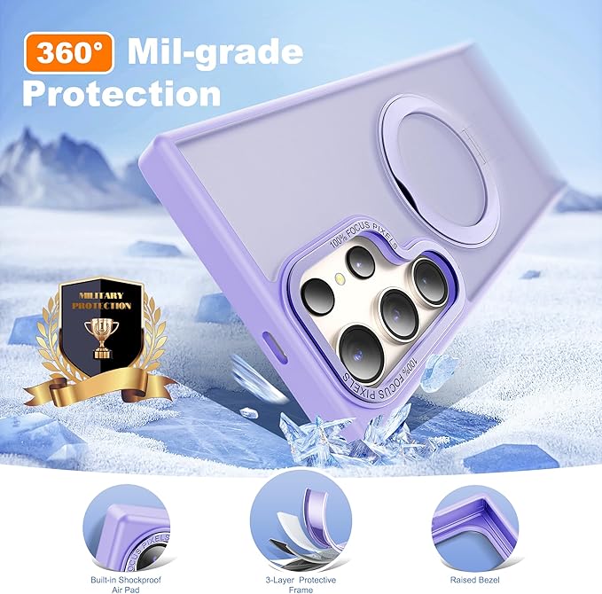 Compatible with Samsung Galaxy S22 & S23 Ultra Case with 360Rotatable Magnetic Ring Stand Compatible with Mag-Safe Military Protection Shockproof Translucent Phone Case,Purple