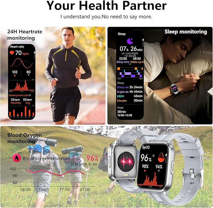 Smart Watch with Ai Functions GPS Tracking for Android Phones and iPhone Compatible Bluetooth Call Message Alert Heart Rate/Sleep Monitor IP68 Waterproof for Men Women