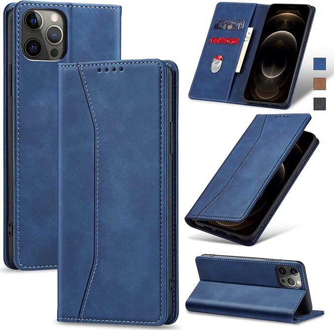 Jasonyu Flip Wallet Case for iPhone 12 Pro Max,Leather Magnetic Folio Cover with Card Holder,Kickstand - TPU Shockproof Durable Protective Phone Case,Blue