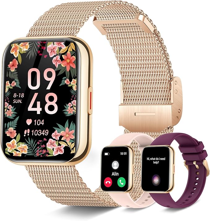 Smart Watch for Women(Answer/Dial Calls) 1.81" HD AI Voice Smartwatch with Fitness Tracker/Step Counter/Heart Rate Sleep Monitor, 120+ Sports Modes, IP68 Waterproof for Android/iOS, Gold/3 Bands
