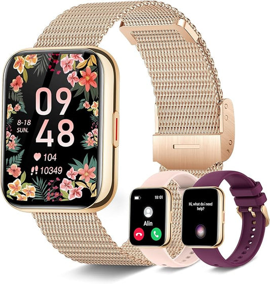 Smart Watch for Women(Answer/Dial Calls) 1.81" HD AI Voice Smartwatch with Fitness Tracker/Step Counter/Heart Rate Sleep Monitor, 120+ Sports Modes, IP68 Waterproof for Android/iOS, Gold/3 Bands