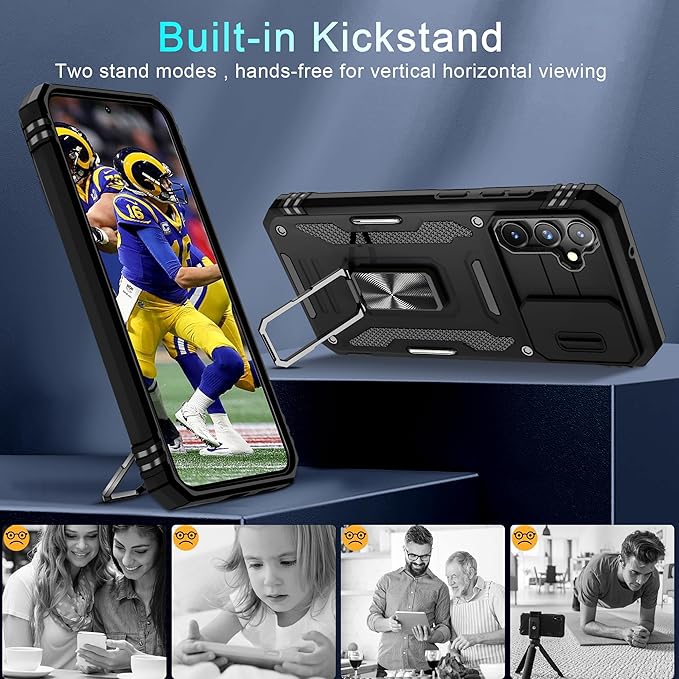 DEERLAMN Case for Samsung Galaxy S23 FE 6.4-Inch with Slide Camera Cover+Screen Protector(1 Pack),Rotated Ring Kickstand Military Grade Shockproof Protective Cover-Black