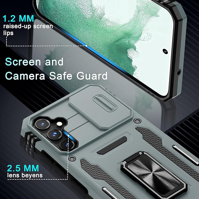 DEERLAMN Case for Samsung Galaxy S23 FE 6.4-Inch with Slide Camera Cover+Screen Protector(1 Pack),Rotated Ring Kickstand Military Grade Shockproof Protective Cover-Grey