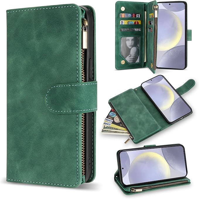 ZZXX for Samsung Galaxy S24 Plus Wallet Case with RFID Blocking Card Slot PU Leather Zipper Flip Folio with Strap Kickstand Protective Cover for Samsung Galaxy S24+ Case Wallet(Green-6.7 inch)