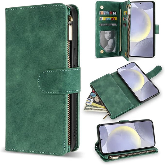 ZZXX for Samsung Galaxy S24 Plus Wallet Case with RFID Blocking Card Slot PU Leather Zipper Flip Folio with Strap Kickstand Protective Cover for Samsung Galaxy S24+ Case Wallet(Green-6.7 inch)